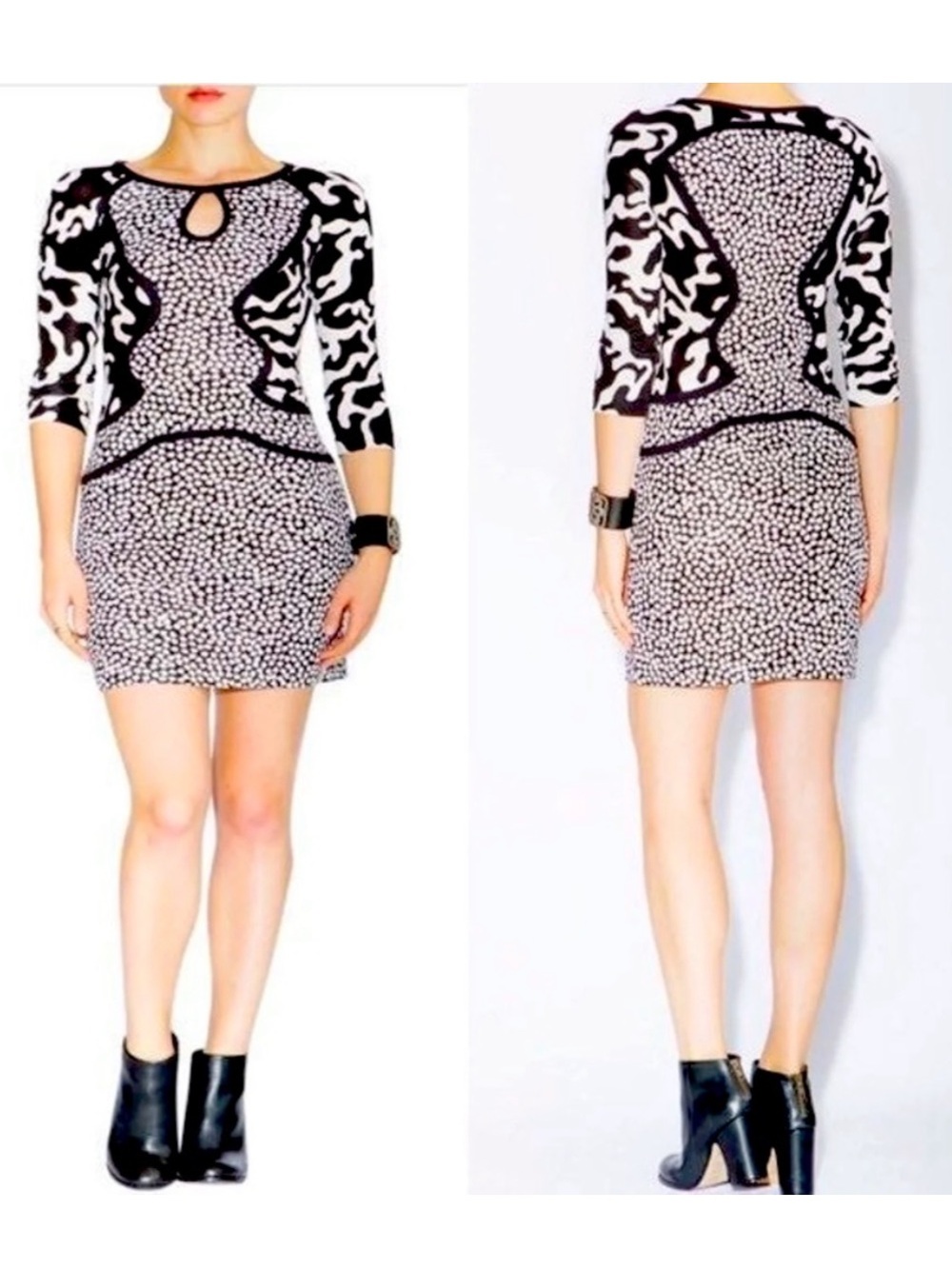 DVF Black White Rose Heart Firebird Print Dress Size 2